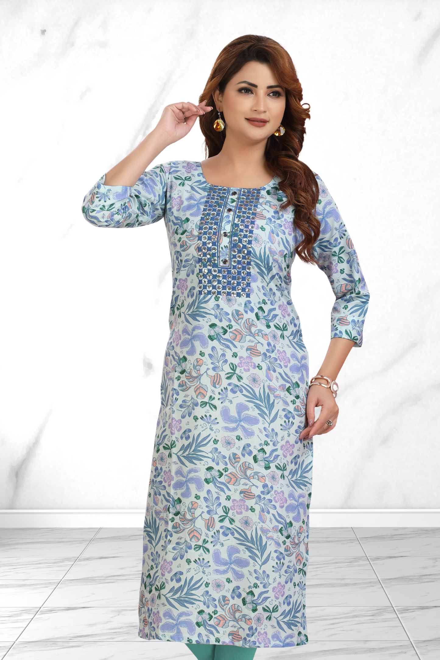 LILAC GARDEN BLUE LONG KURTI