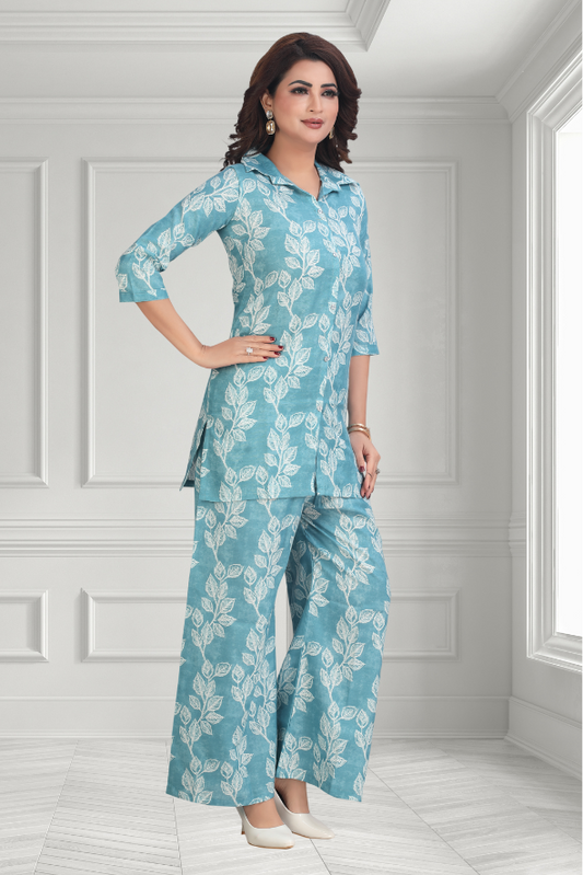 AQUA BLUE LEAF PRINT CO-ORD SET