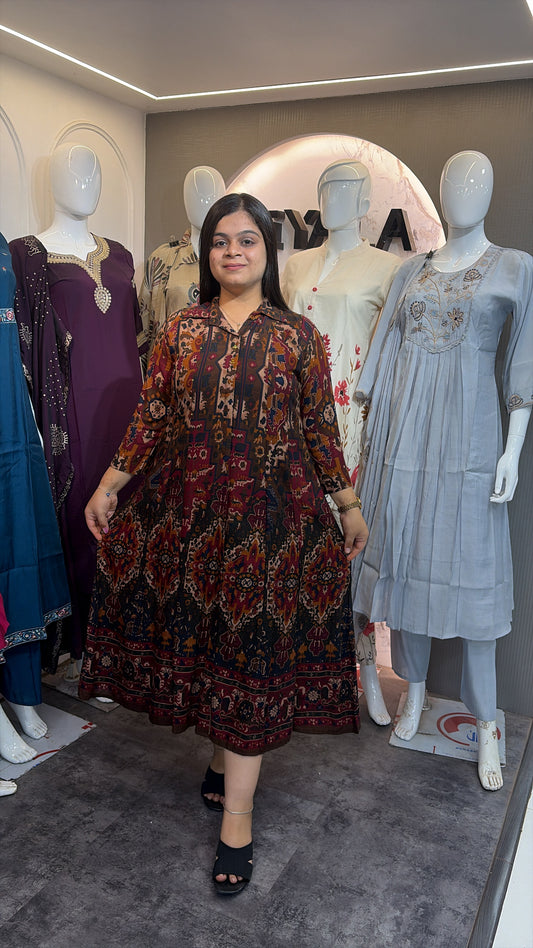 Anarkali Style Ajrakh Print Rayon Dress