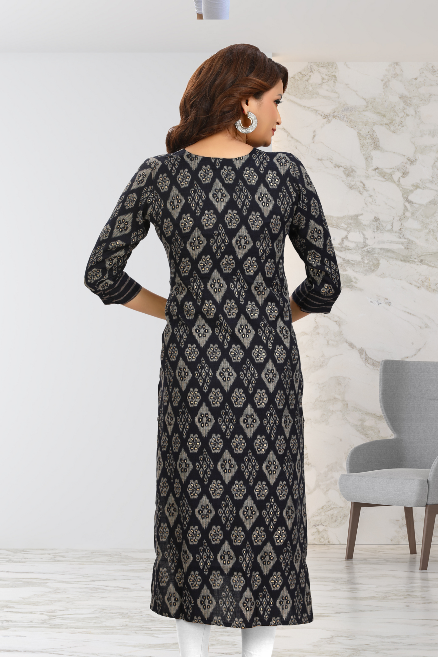 IVORY LEAF PRINT STRAIGHT LONG KURTI