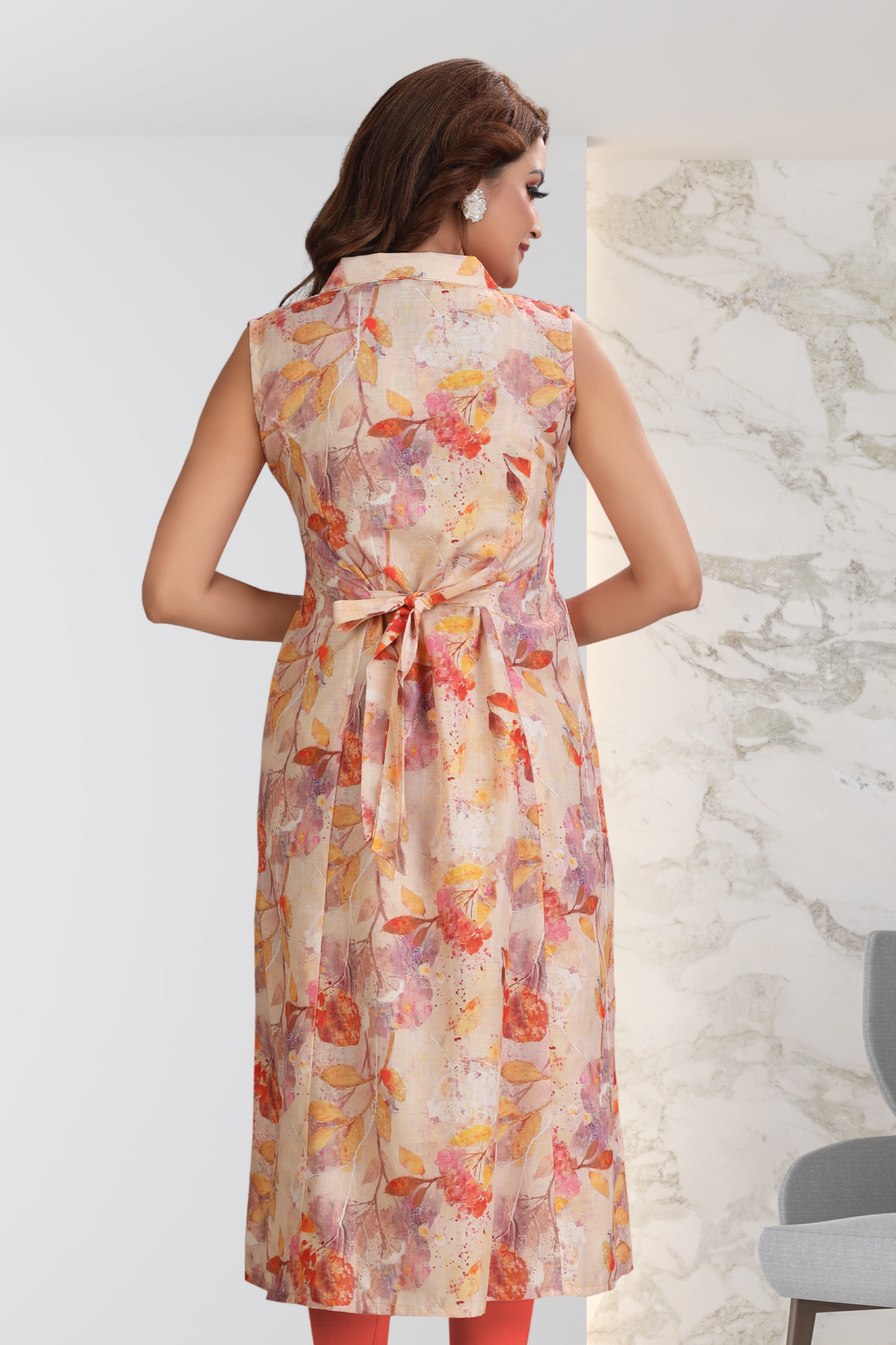 Peach Blossom Floral Sleeveless Kurti