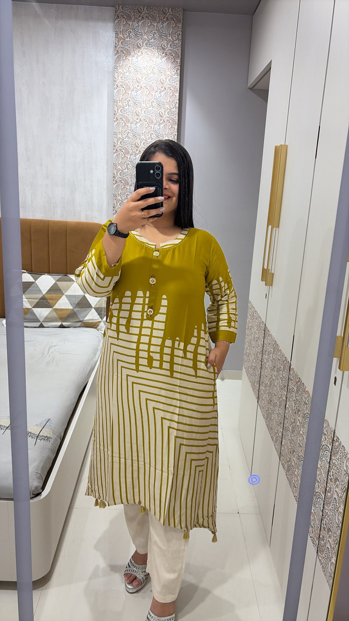 C-cut mustard yellow A-line pure Gajji kurti