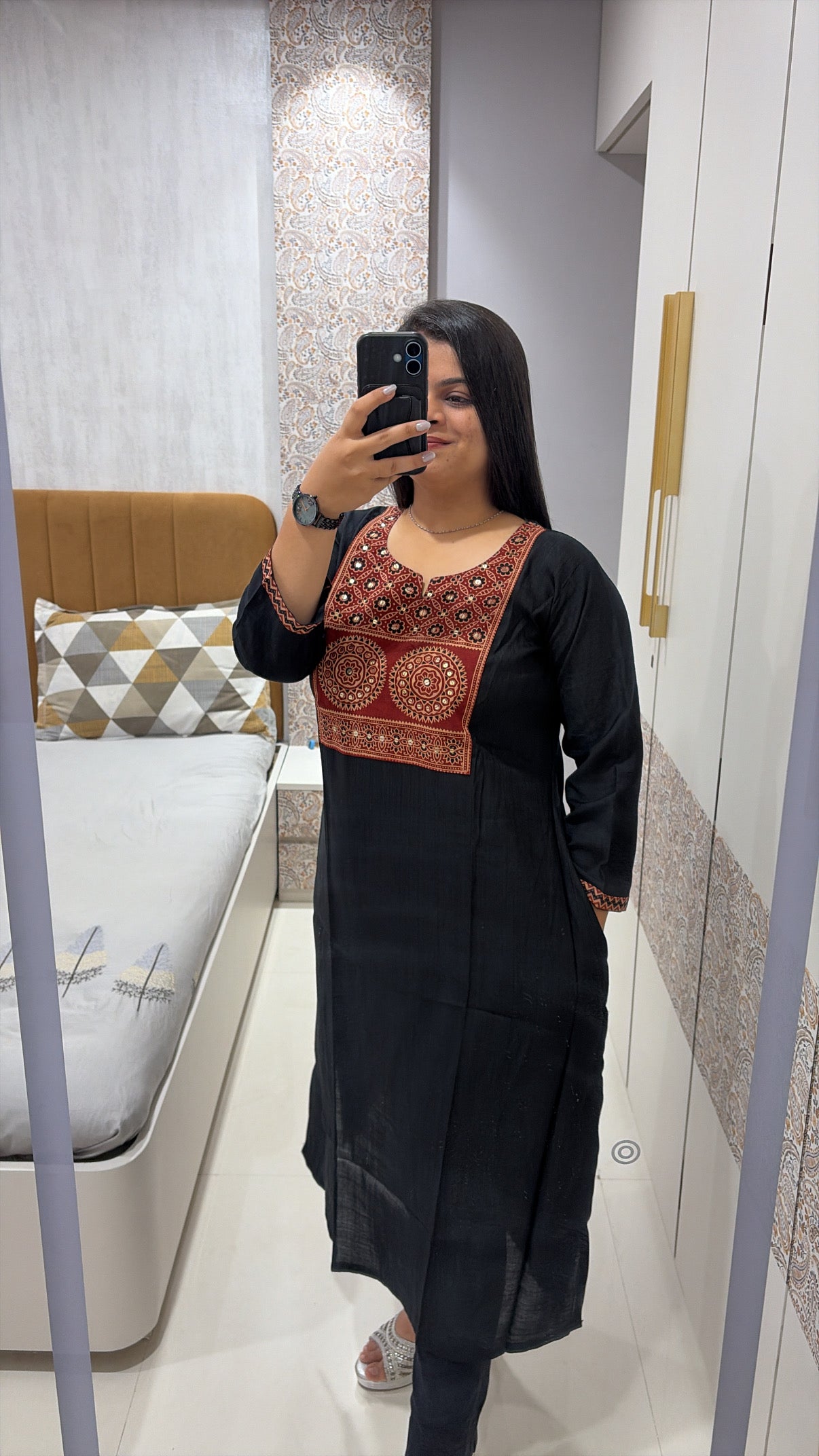 Black Ajrakh Patch kurti with pocket