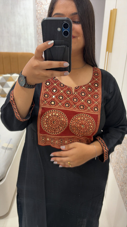 Black Ajrakh Patch kurti with pocket