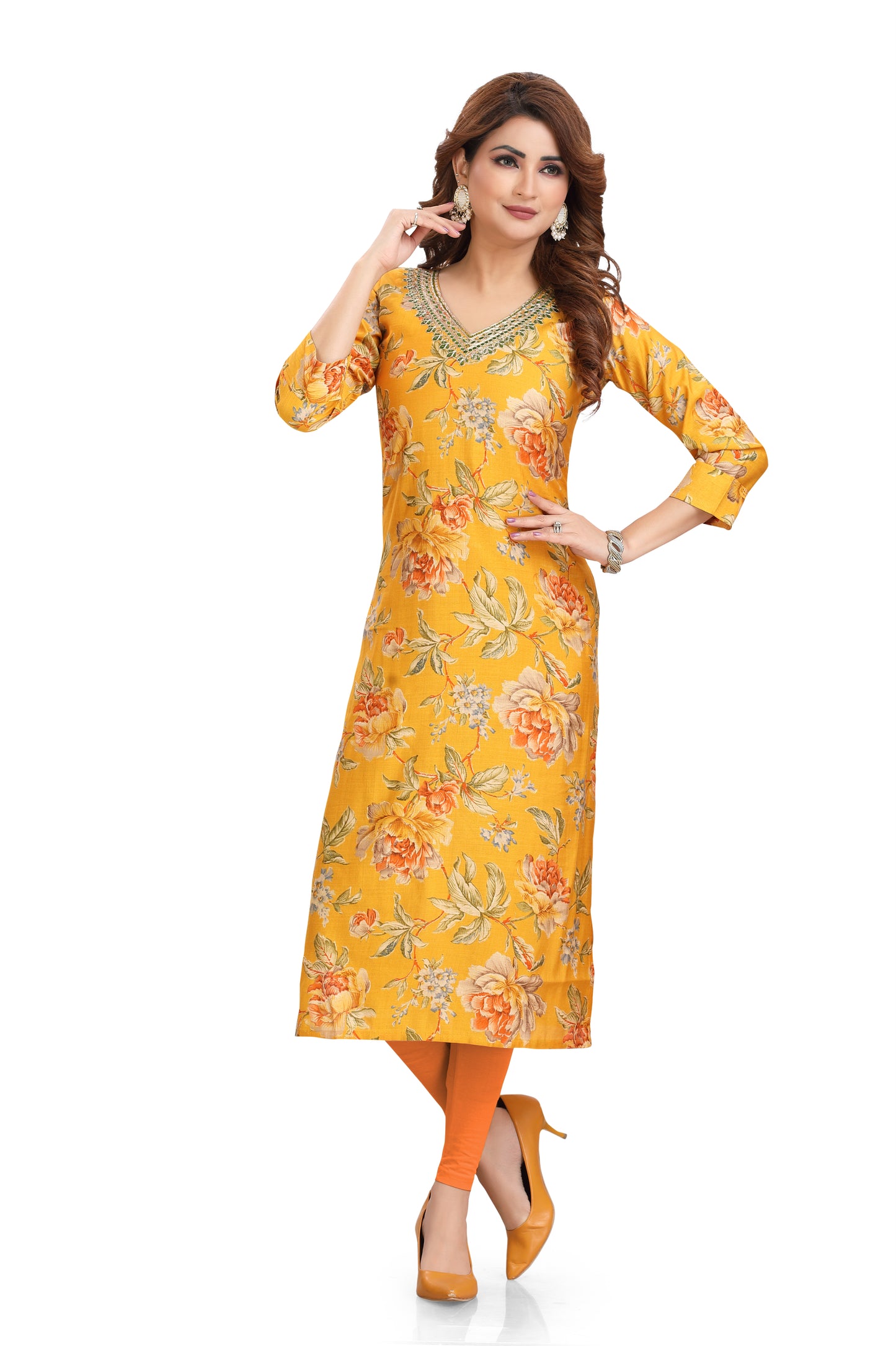 Yellow Floral V-neck kurti