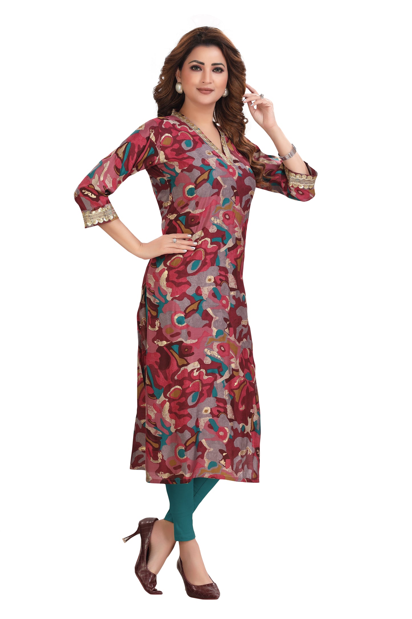 Wine abstract print V-neck kurti