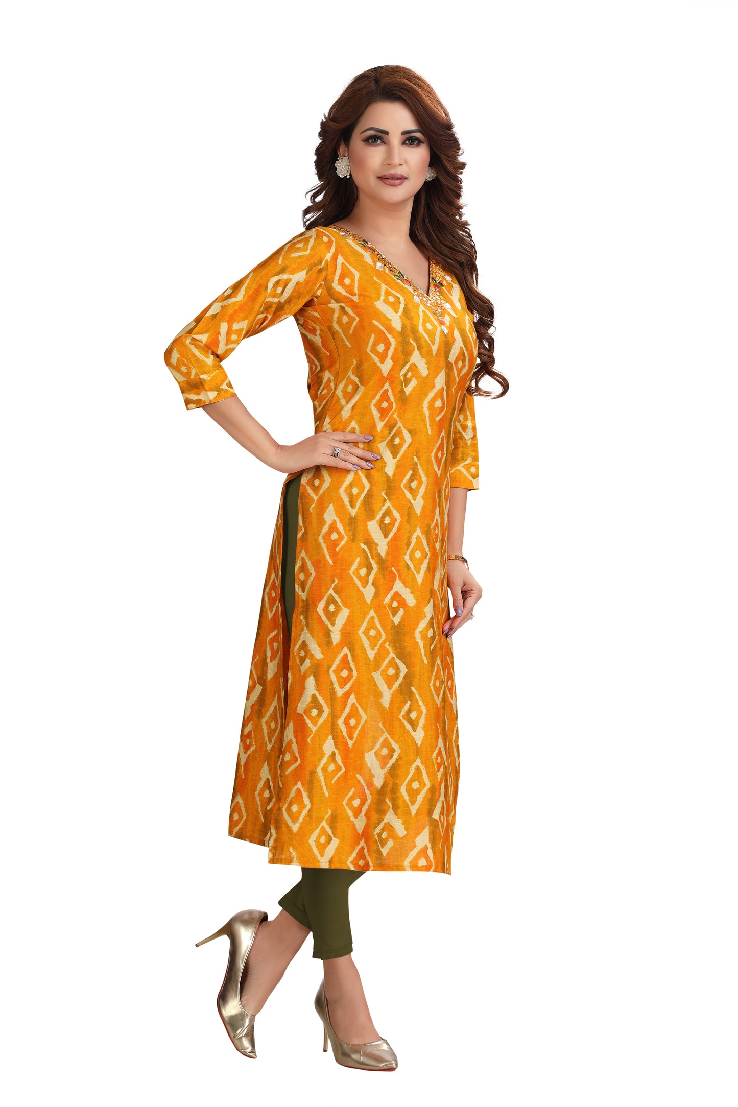 Yellow Green V-neck Real Mirror work kurti