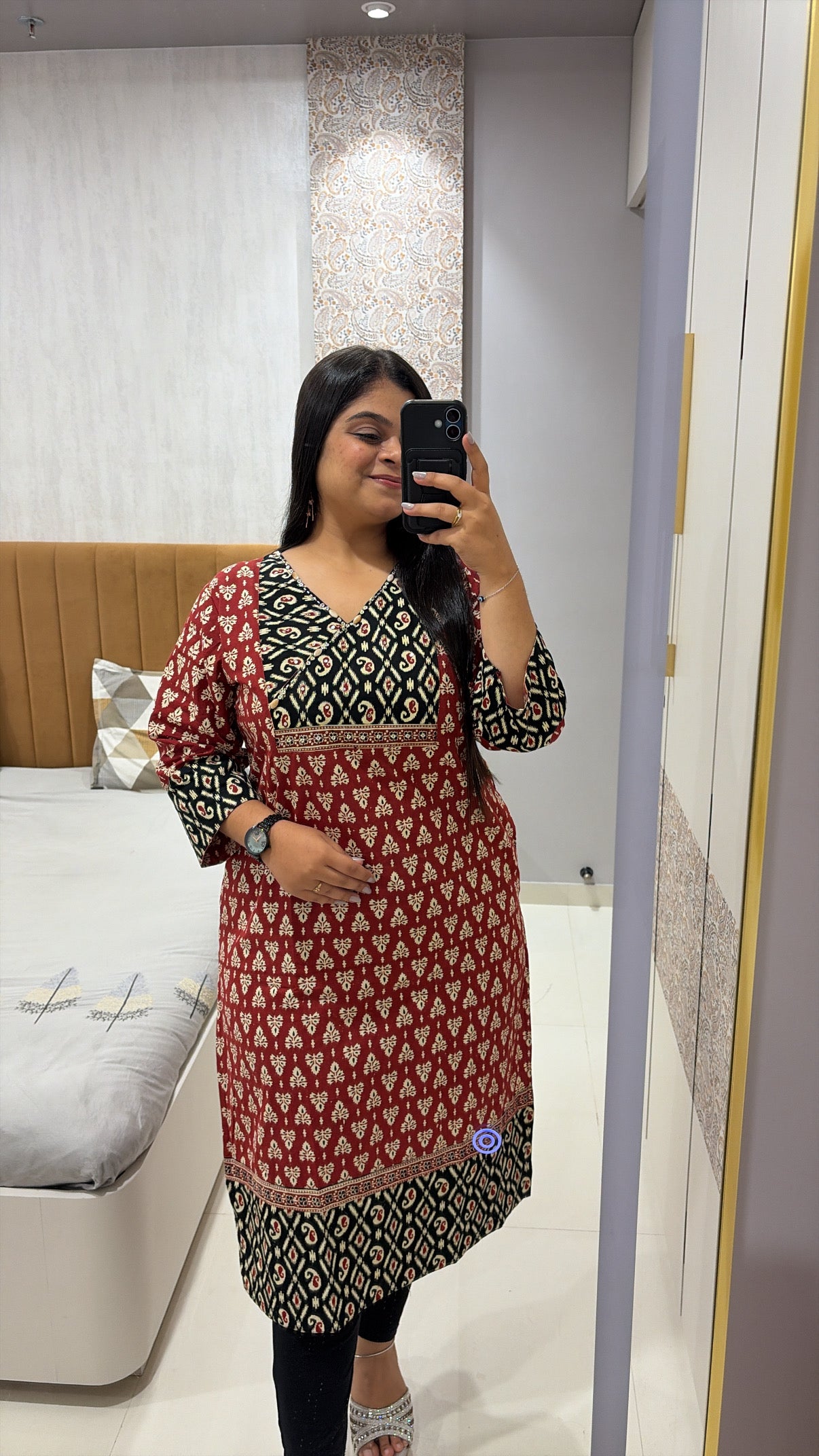 Pure Cotton Ajrakh Print Angrakha neck kurti with pocket