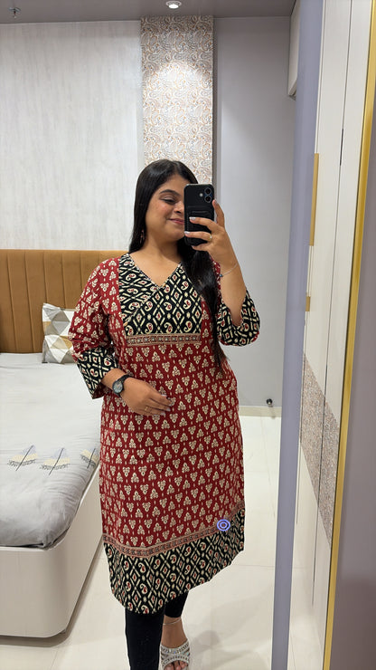 Pure Cotton Ajrakh Print Angrakha neck kurti with pocket