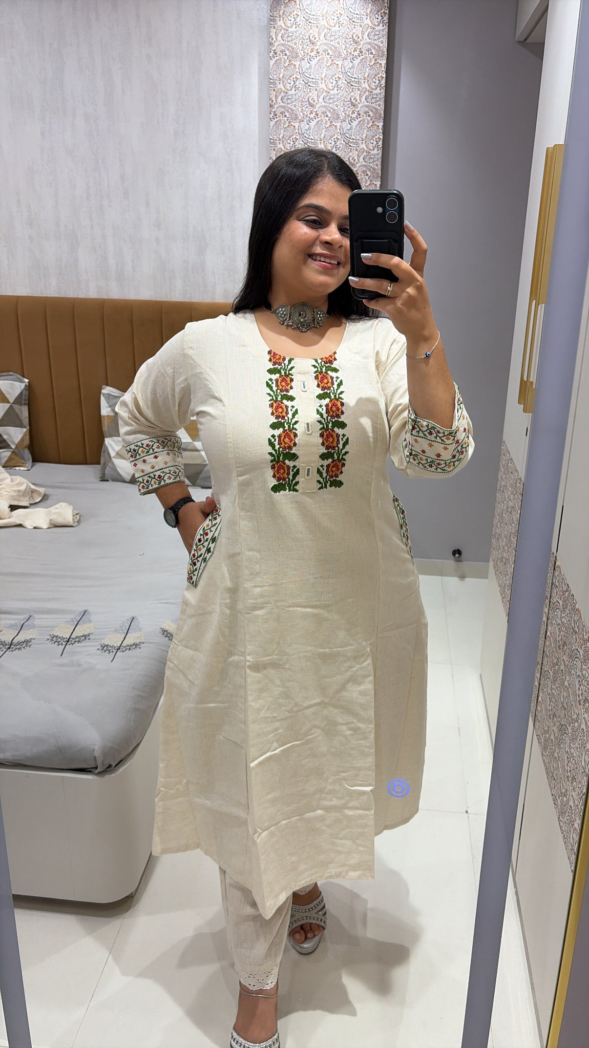 Flex cotton embroidery work A-line kurti