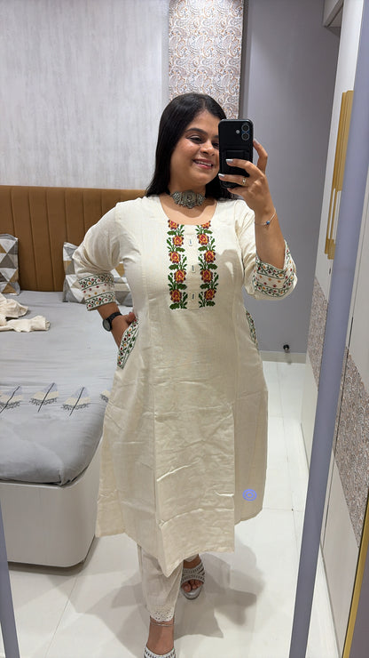 Flex cotton embroidery work A-line kurti