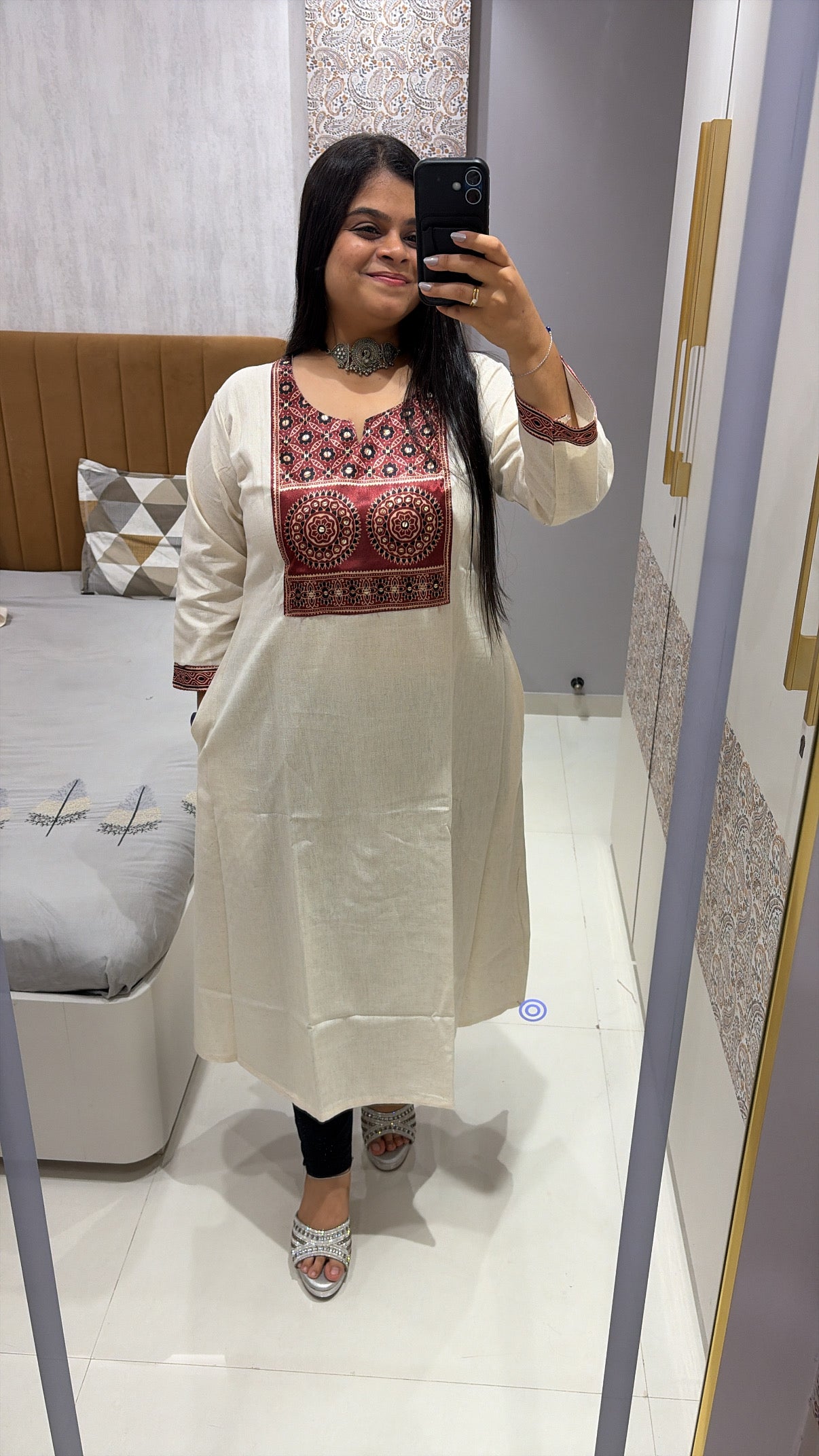 Flex cotton Ajrakh A-line kurti with pockets