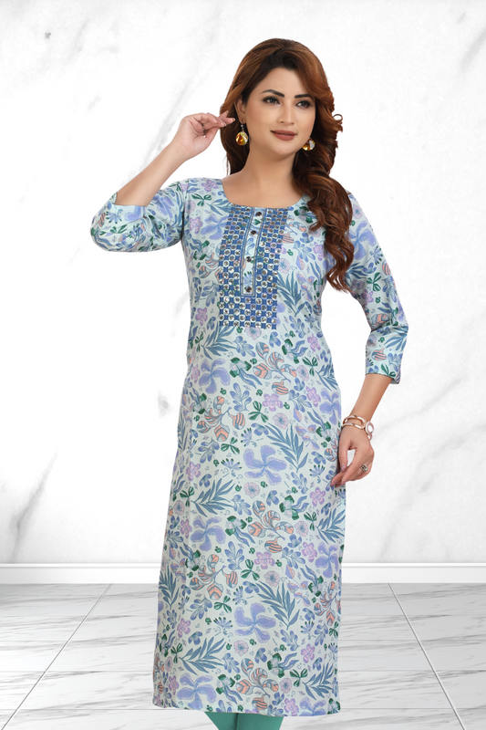LILAC GARDEN BLUE LONG KURTI