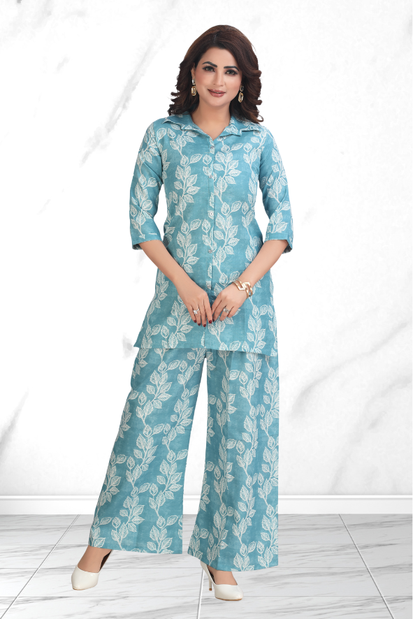 AQUA BLUE LEAF PRINT CO-ORD SET