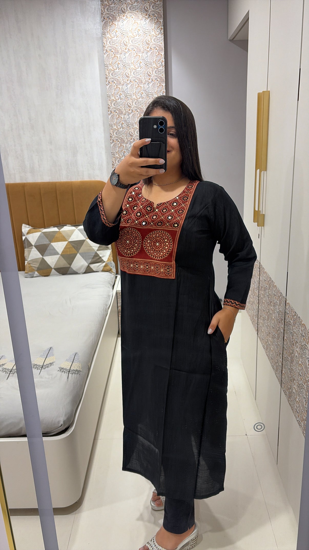 Black Ajrakh Patch kurti with pocket