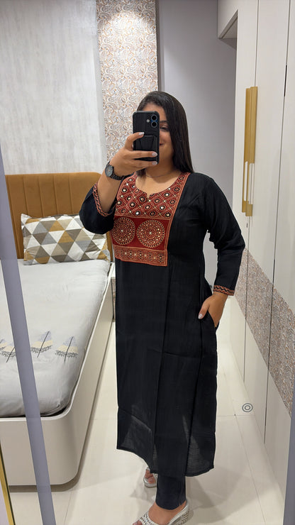 Black Ajrakh Patch kurti with pocket