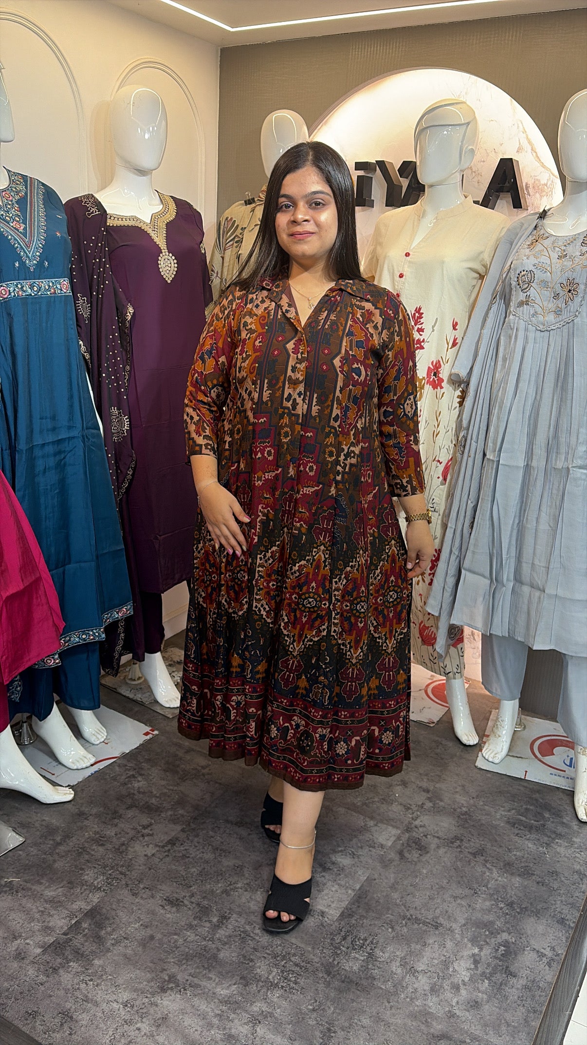 Anarkali Style Ajrakh Print Rayon Dress