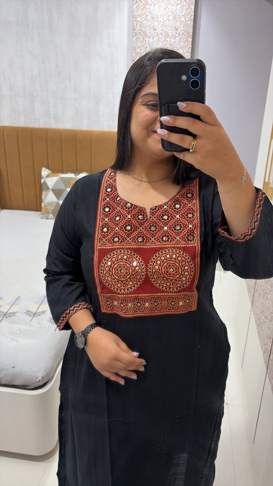 Black Ajrakh Patch kurti with pocket