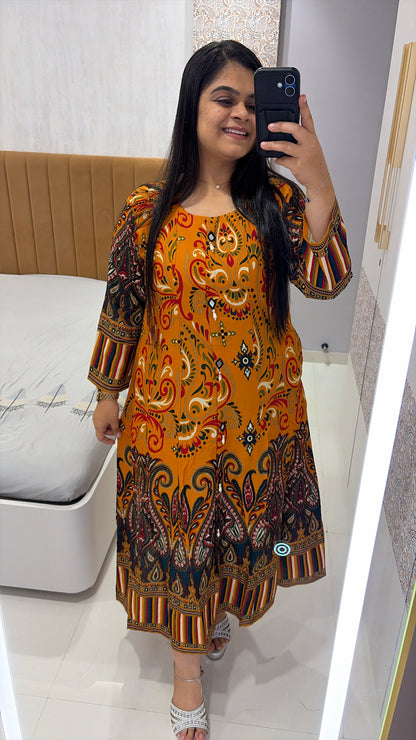 Mustard Printed Rayon Dress