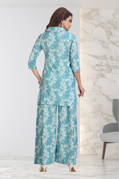 AQUA BLUE LEAF PRINT CO-ORD SET