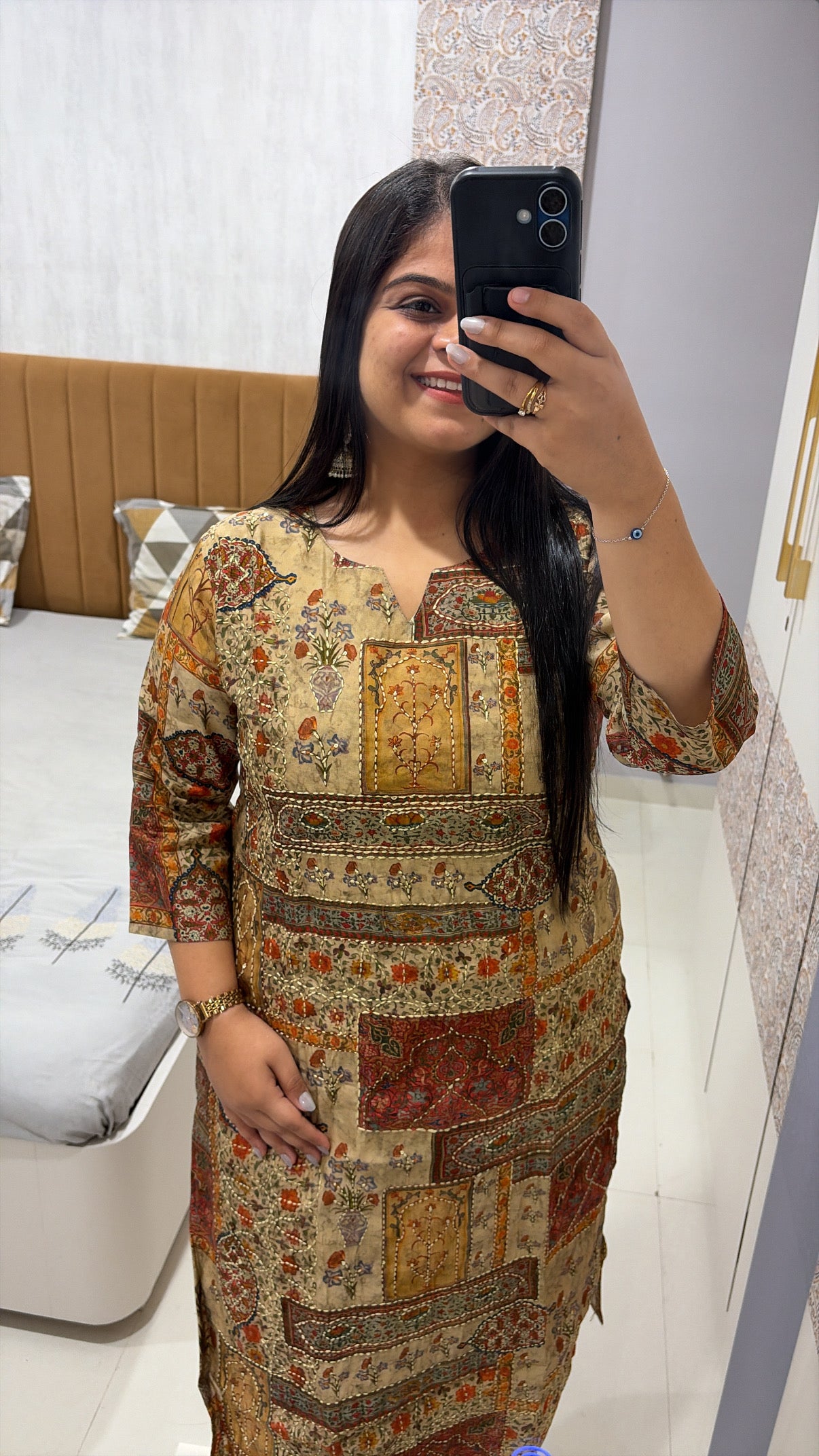 Chanderi silk kantha handwork printed kurti
