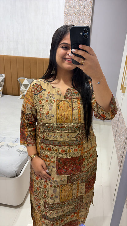 Chanderi silk kantha handwork printed kurti