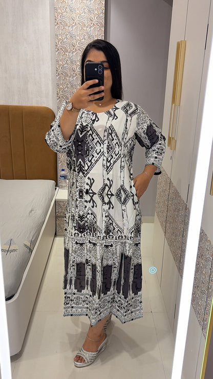 White and Grey Print Rayon Dress