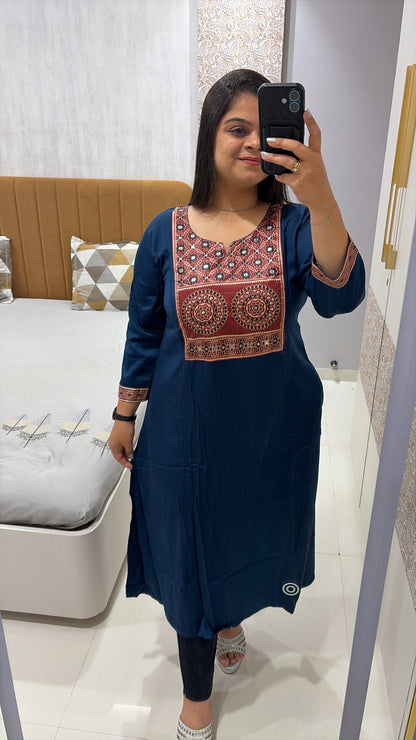 Navy blue Ajrakh patch A-line pure Gajji kurti