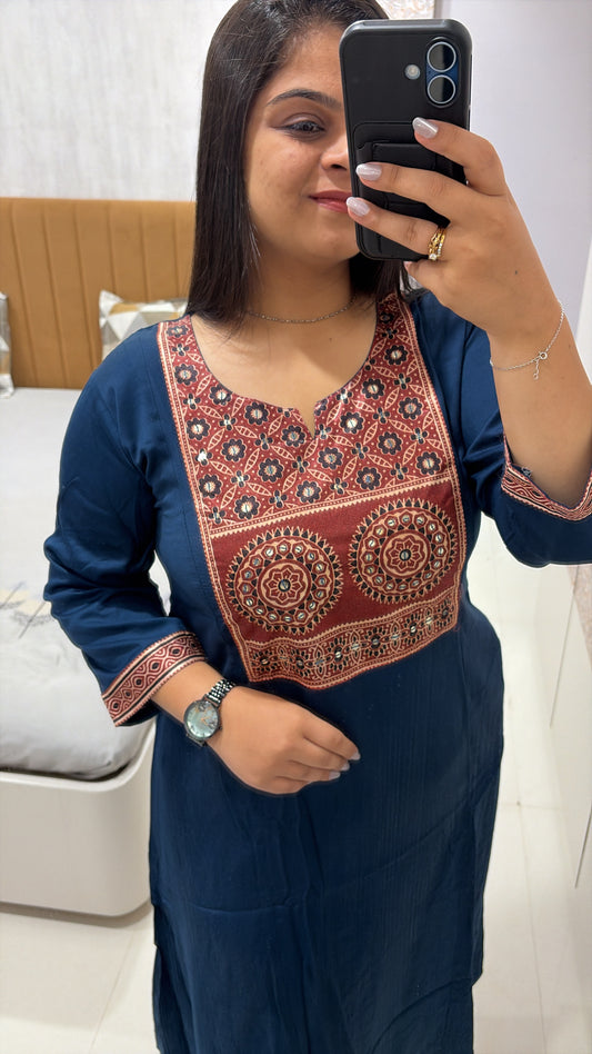 Navy blue Ajrakh patch A-line pure Gajji kurti