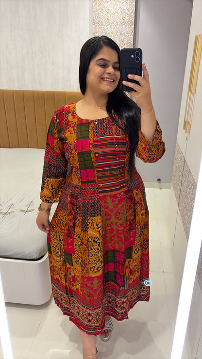 Orange Multi Color Printed Rayon Dress
