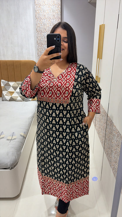 Pure Cotton Ajrakh Print Angrakha neck kurti