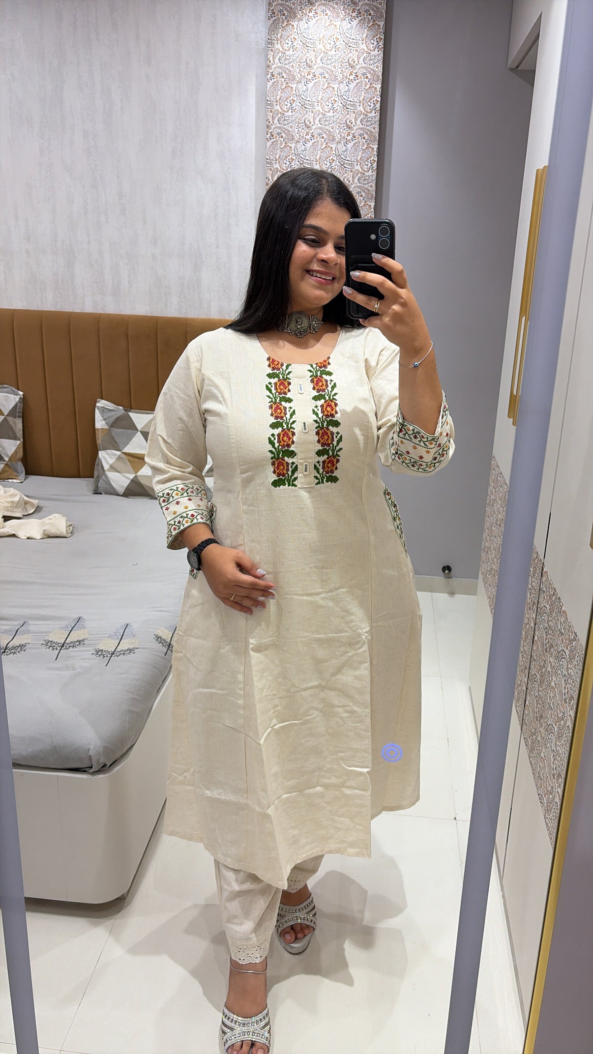 Flex cotton embroidery work A-line kurti