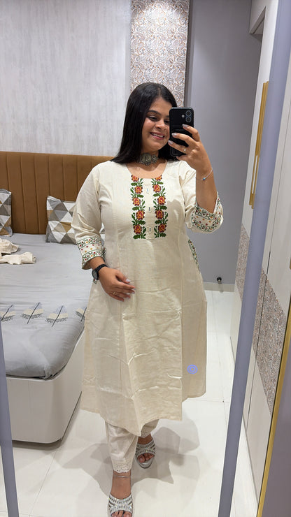 Flex cotton embroidery work A-line kurti
