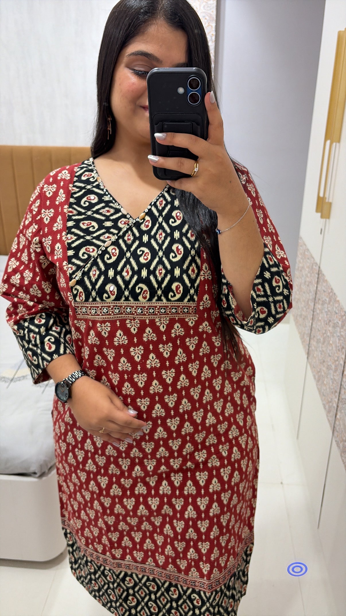 Pure Cotton Ajrakh Print Angrakha neck kurti with pocket