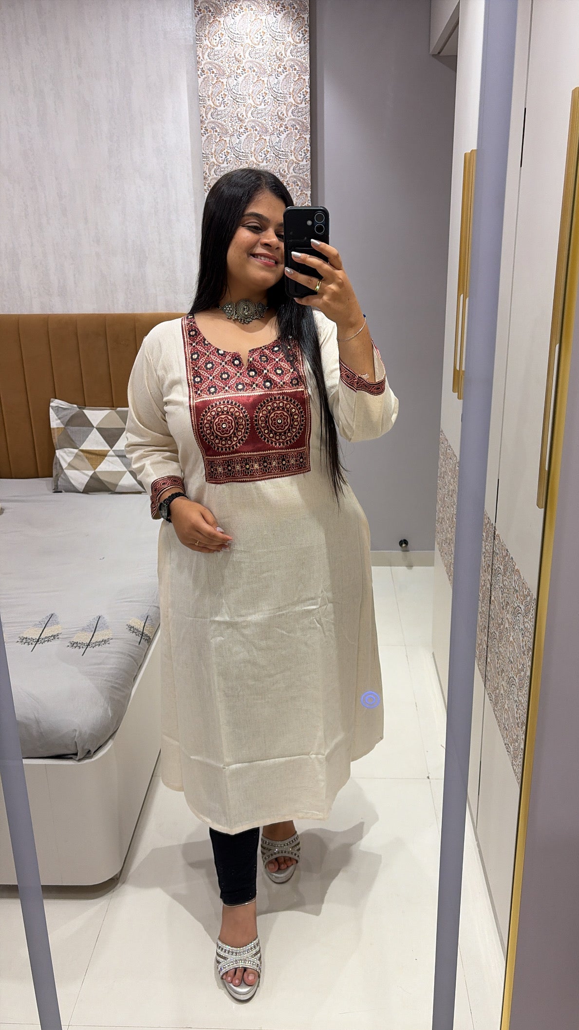 Flex cotton Ajrakh A-line kurti with pockets