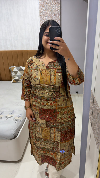 Chanderi silk kantha handwork printed kurti