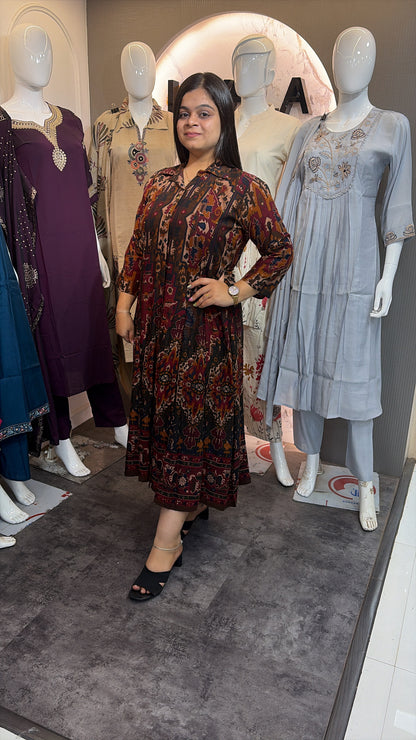 Anarkali Style Ajrakh Print Rayon Dress