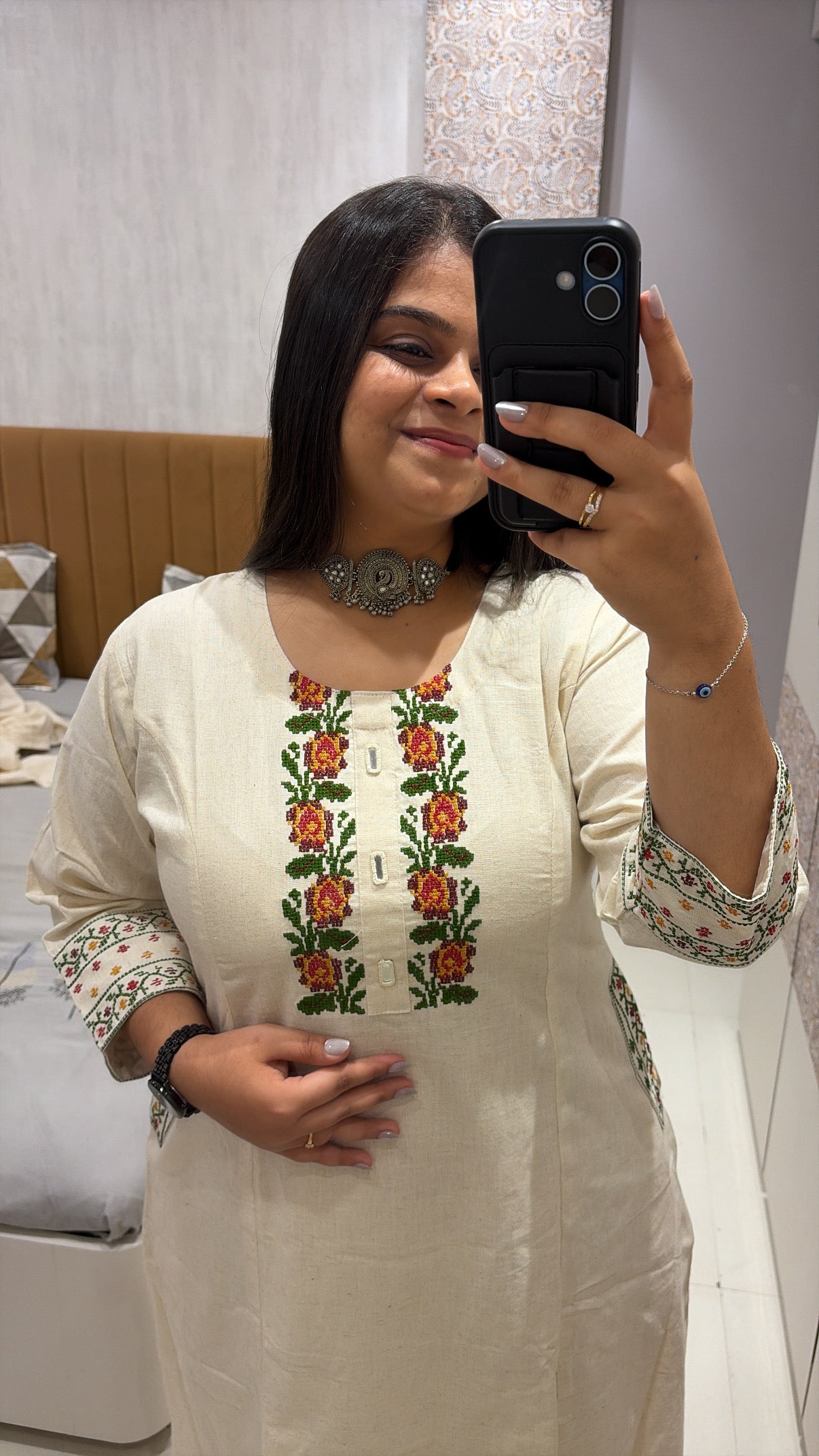 Flex cotton embroidery work A-line kurti