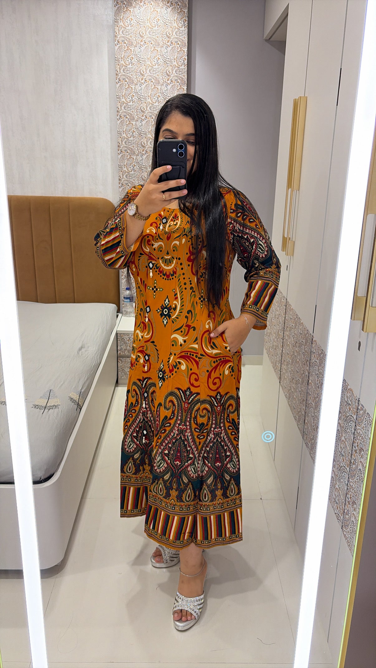 Mustard Printed Rayon Dress