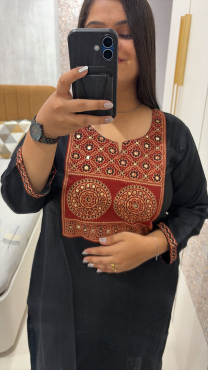 Black Ajrakh Patch kurti with pocket