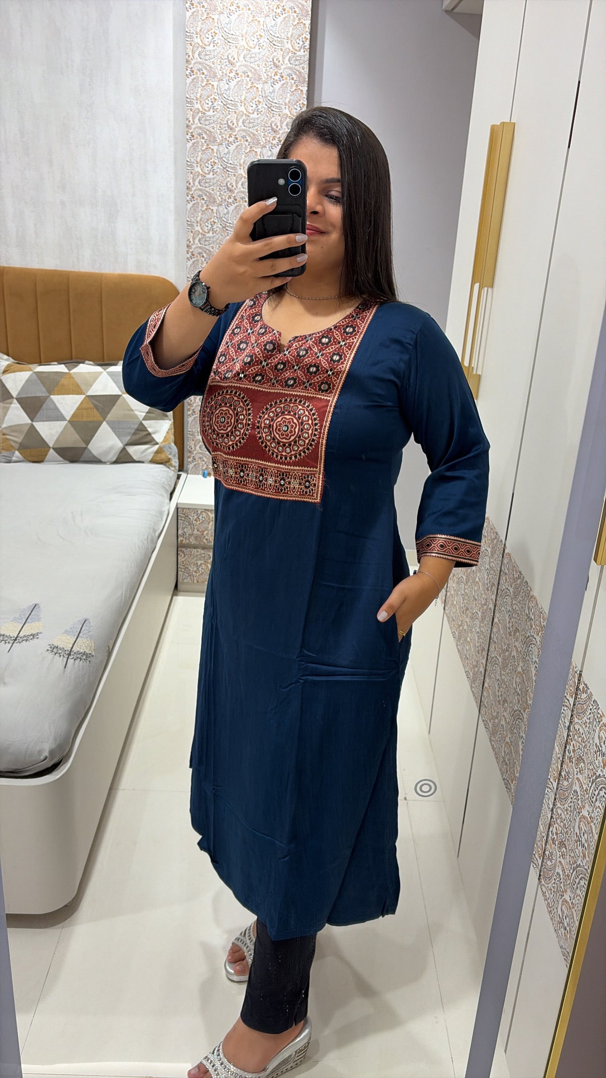 Navy blue Ajrakh patch A-line pure Gajji kurti