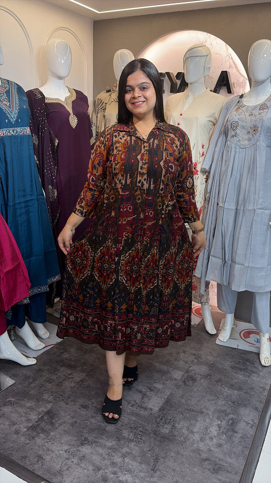 Anarkali Style Ajrakh Print Rayon Dress