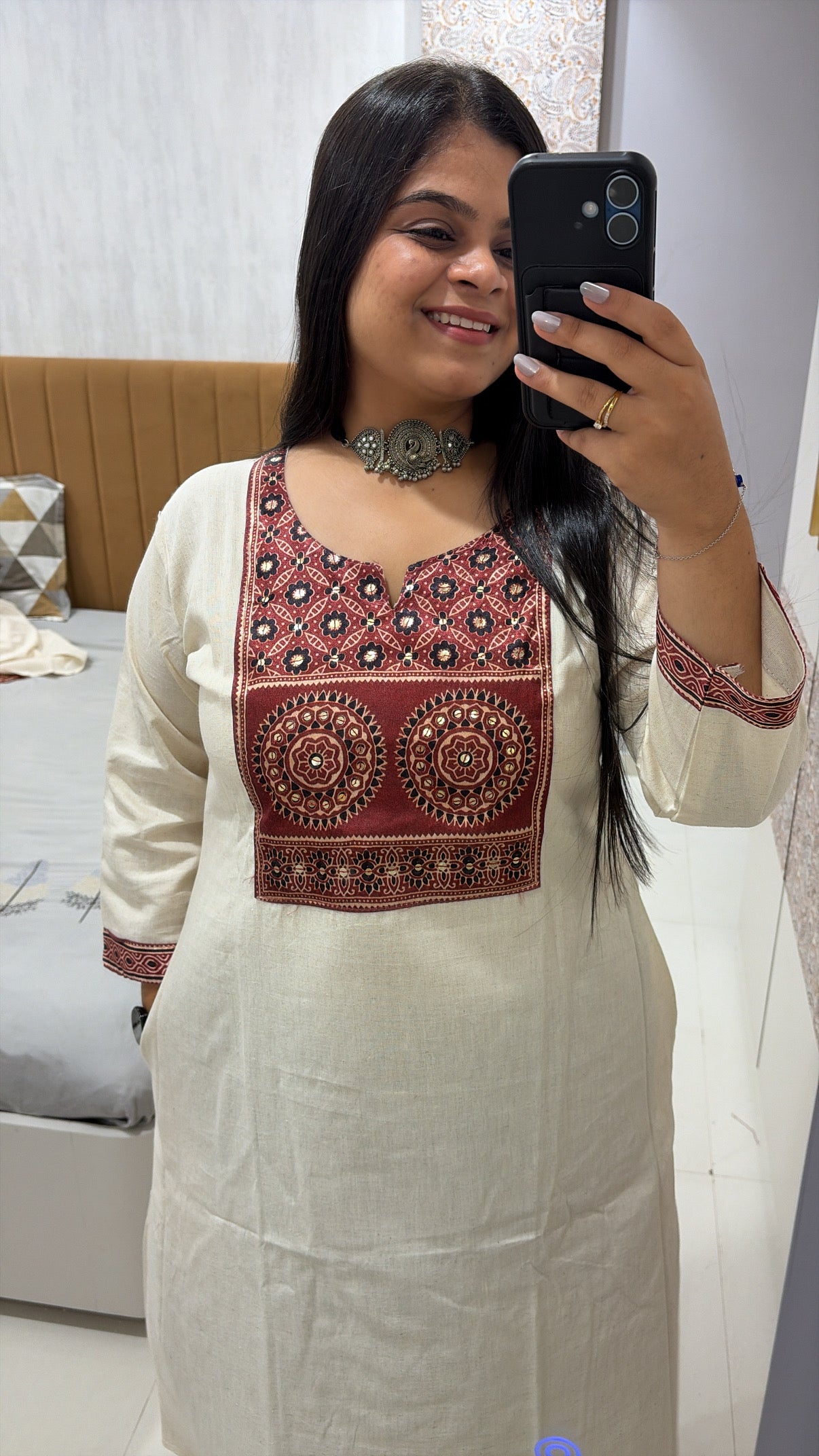 Flex cotton Ajrakh A-line kurti with pockets