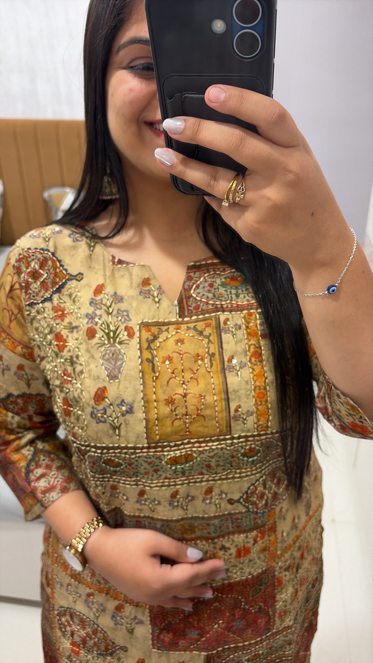 Chanderi silk kantha handwork printed kurti