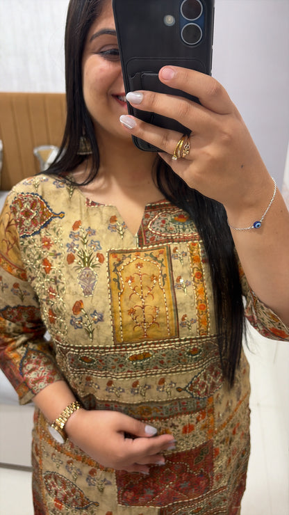 Chanderi silk kantha handwork printed kurti