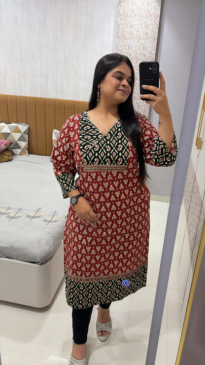 Pure Cotton Ajrakh Print Angrakha neck kurti with pocket