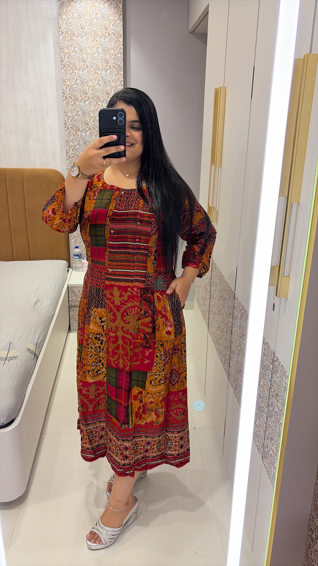 Orange Multi Color Printed Rayon Dress