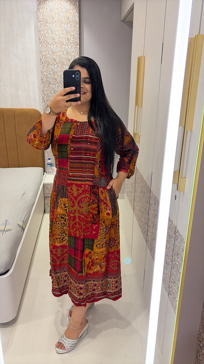 Orange Multi Color Printed Rayon Dress