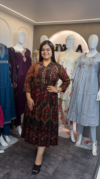 Anarkali Style Ajrakh Print Rayon Dress