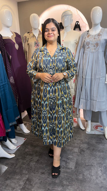 Denim look Cotton blend Ikkat print one piece Dress